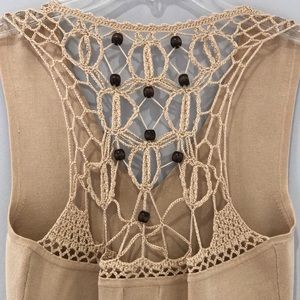 Andre Oliver Silk nylon macramé top. Unique. Tan top. Open back. Size Small.